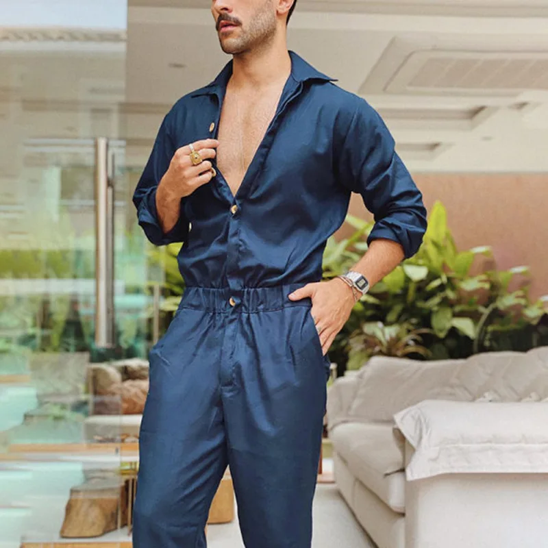 

Fashion Men Jumpsuit Autumn Long Sleeve Thin Overalls Lapel Solid Single Breasted Jumpsuit Men Men Clothing