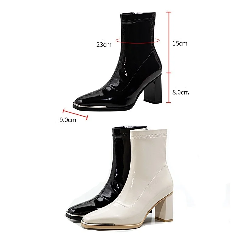 

Designer Boots Female Women Shoes Fashion Mid-calf Boots Winter Patent Leather Square Toe Block High Heels Zip Booties Size 41