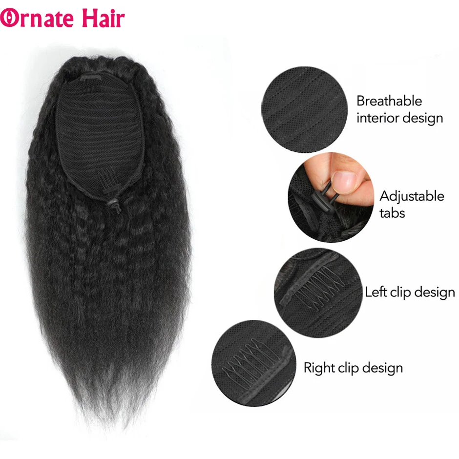 Drawstring Ponytail Human Hair for Black Women Peruvian Kinky Straight Clip Ins Non-Remy Pony Tail Extensions | Шиньоны и парики