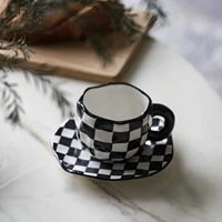 hand painted flower ceramic checkerboard coffee cup home office mug with saucer breakfast milk cup creative gift microwave safe