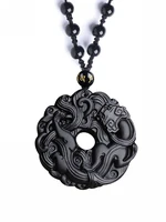 natural black ice obsidian donut peace buckle pixiu crystal necklace with adjustable bead chain for women or men
