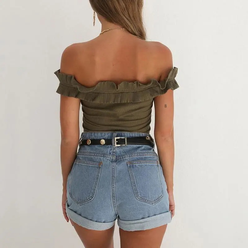 

Women T Shirt Slim Elegant Ruffles Solid Party Short Sleeve Slash Neck Short T Shirts Sexy Off The Shoulder Fashion Female