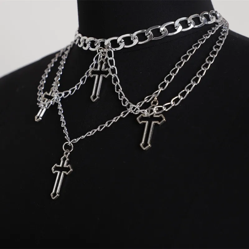 

Goth Indie Silver Color Hollow Cross Pendant Multi-layer Necklaces Chain for Women Men Girl Aesthetic Accessories Jewelry Choker