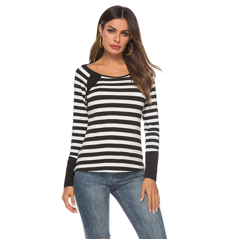 Весенняя женская тонкая футболка с круглым вырезом полосатая топы длинным