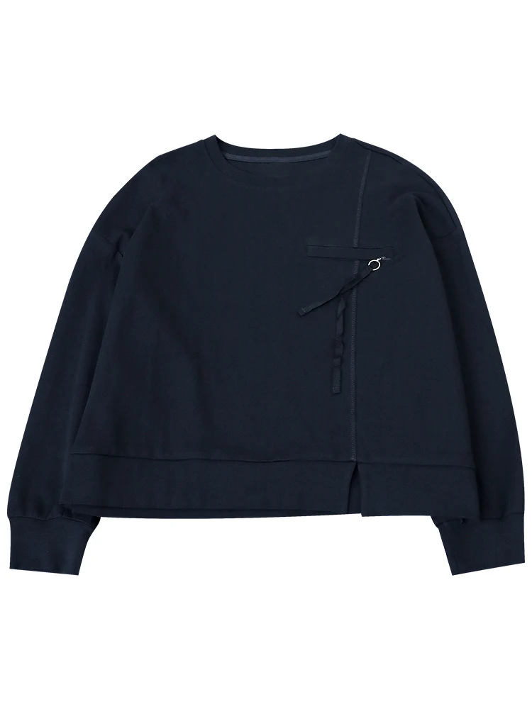 

[EAM] Women Black Irregular Ovesized Casual T-shirt New Round Neck Long Sleeve Fashion Tide Spring Summer 2021 1DE1264