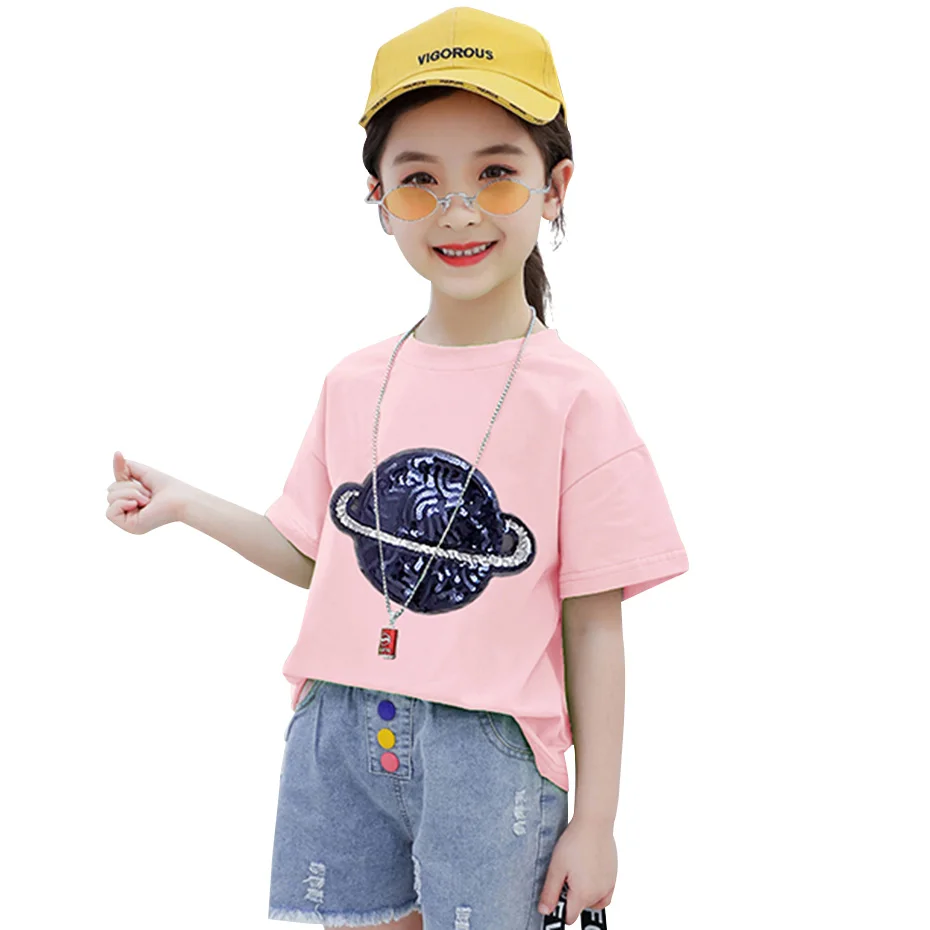 Летняя футболка для девочек с геометрическим рисунком Детская блестками