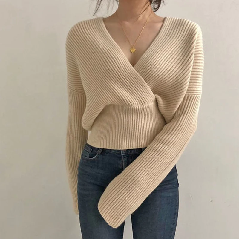 

Mozuleva Sexy Fashion V-neck Cross Women Knitted Sweater Winter Loose Warm Female Pullovers Jumpers Knit Tops Short Sweater