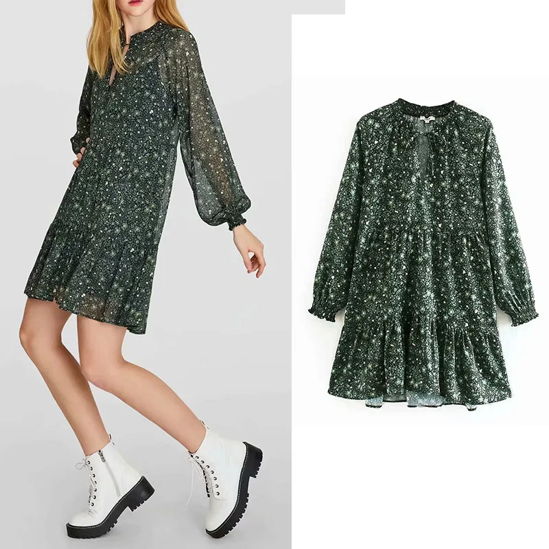 Женское платье с длинным рукавом za свободное зеленое мини цветочным принтом и