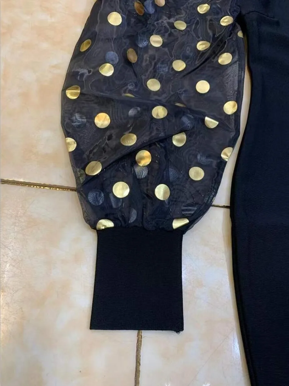 

Ailigou New Female Sexy Designer Polka Dot Puff Sleeve Round Neck Black Bandage Dress 2021 Summer Elegant Bodycon Party Dress