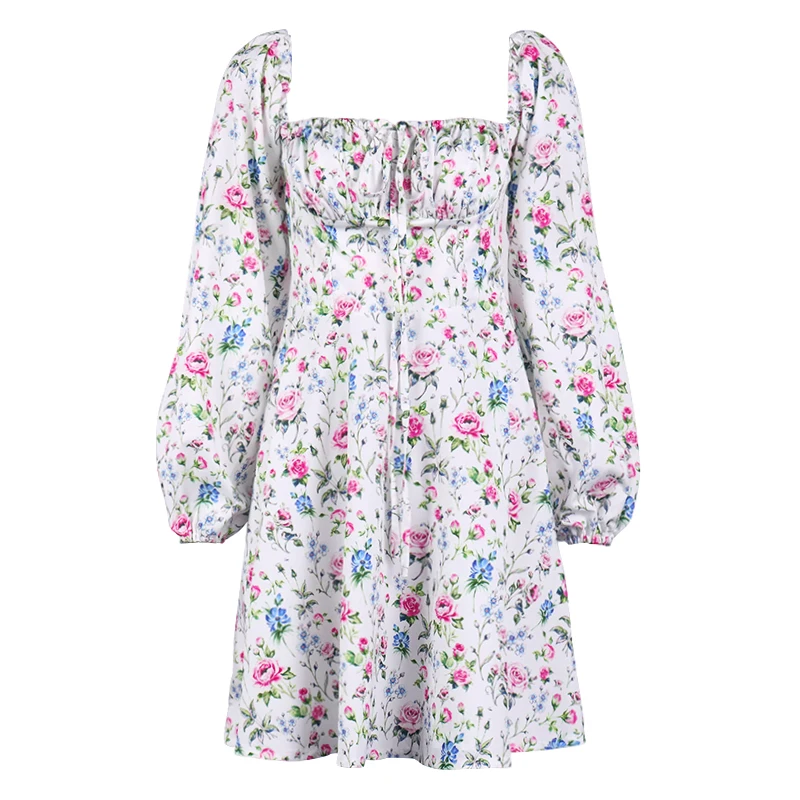 

Ruched Print Floral Dress Women Fashion Lantern Long Sleeve A Line Square Neck Sexy Tie Up Mini Vestidos Chic Summer Beach Dress