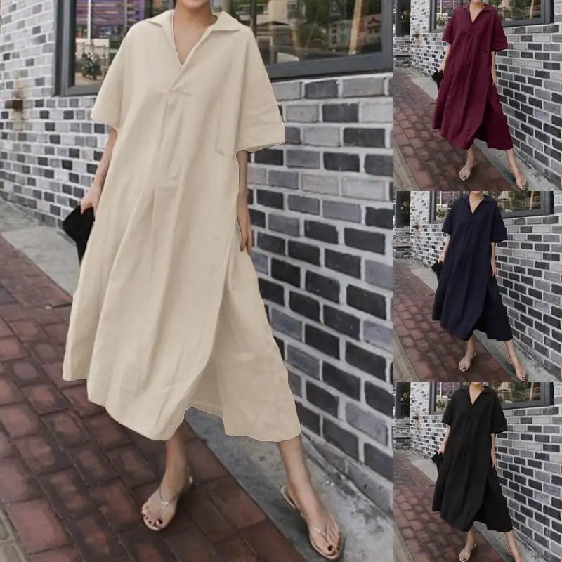 ZANZEA 2019 летнее платье для женщин хлопок длинное рубашка повседневное сексуальное