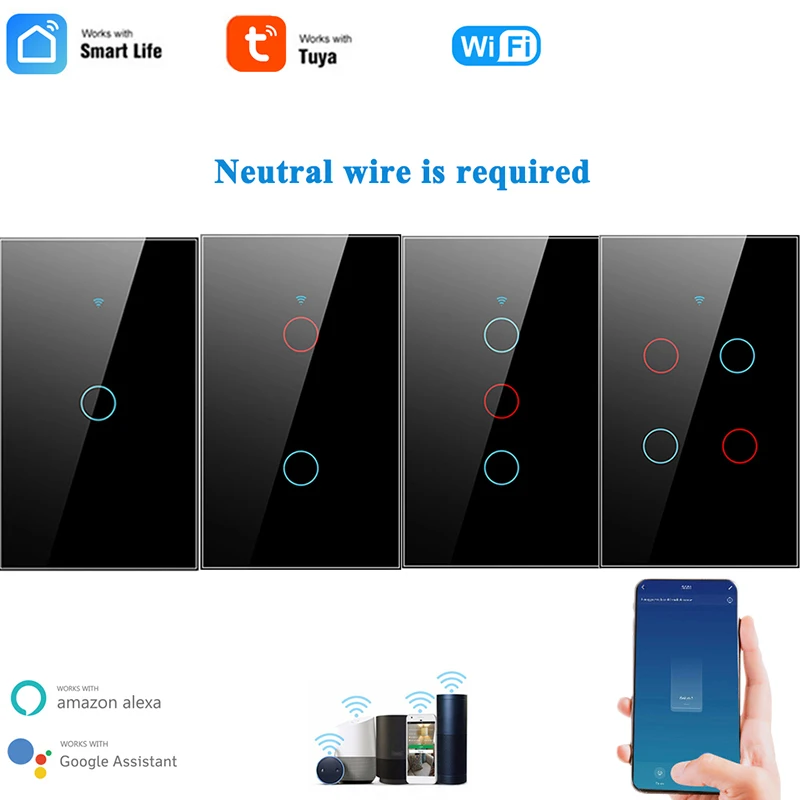 

Умный сенсорный выключатель с Wi-Fi, 1/2/3/4 клавиш