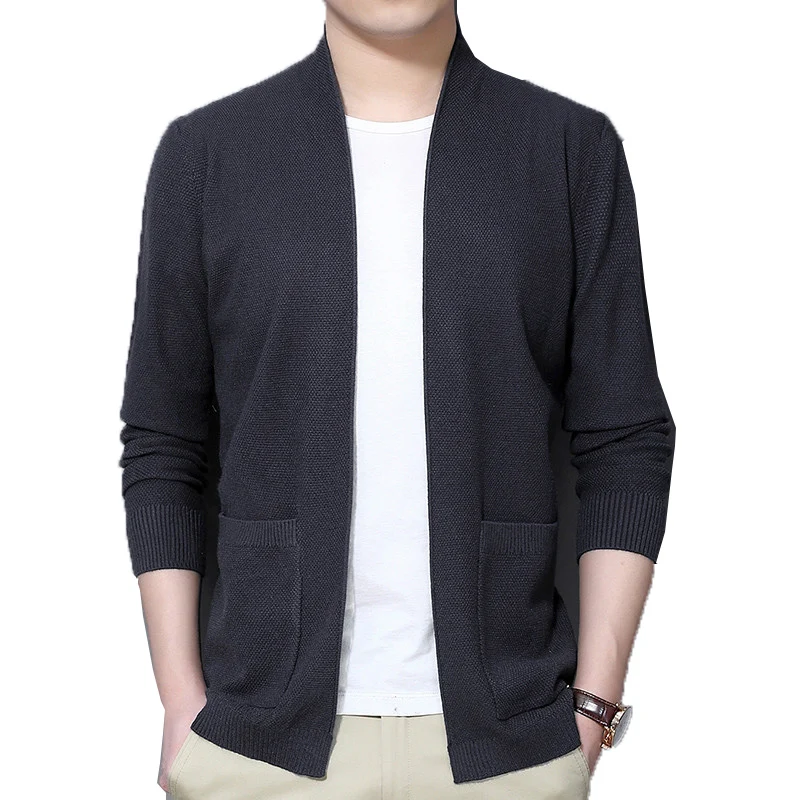 Мужской трикотажный кардиган повседневный однотонный серый приталенный свитер