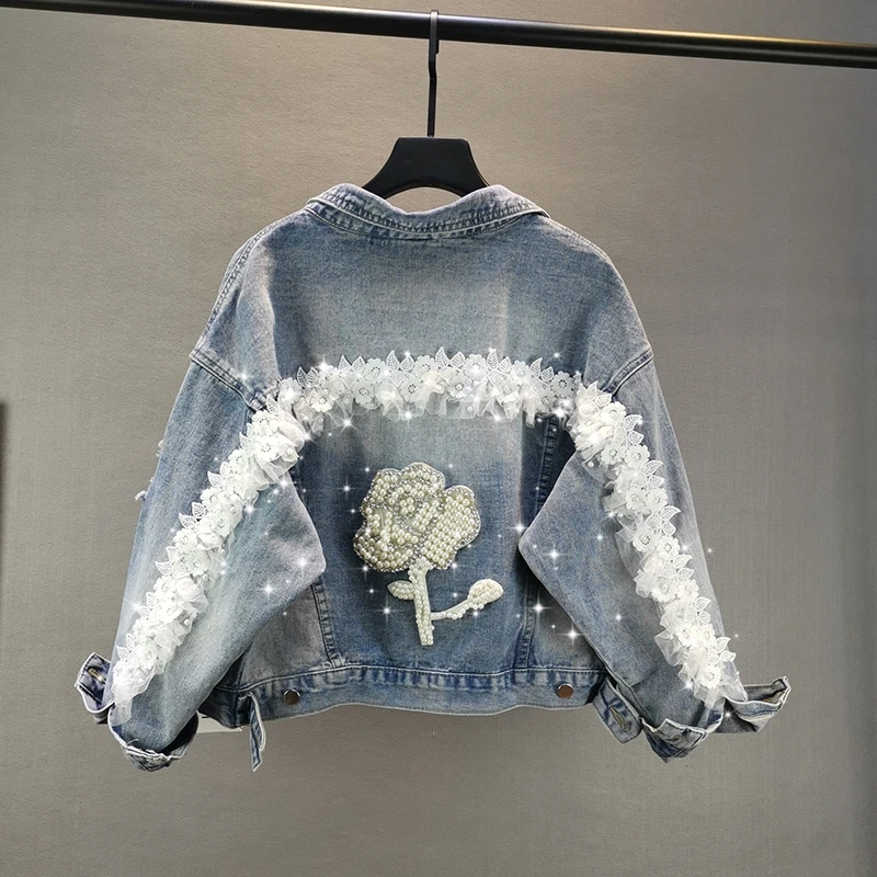 

Plus Size Jeans Coat Women's Spring Autumn New Industrial Beads Diamond Loose-Fit Bat Sleeve Short Jacket Ladies Short Jackets