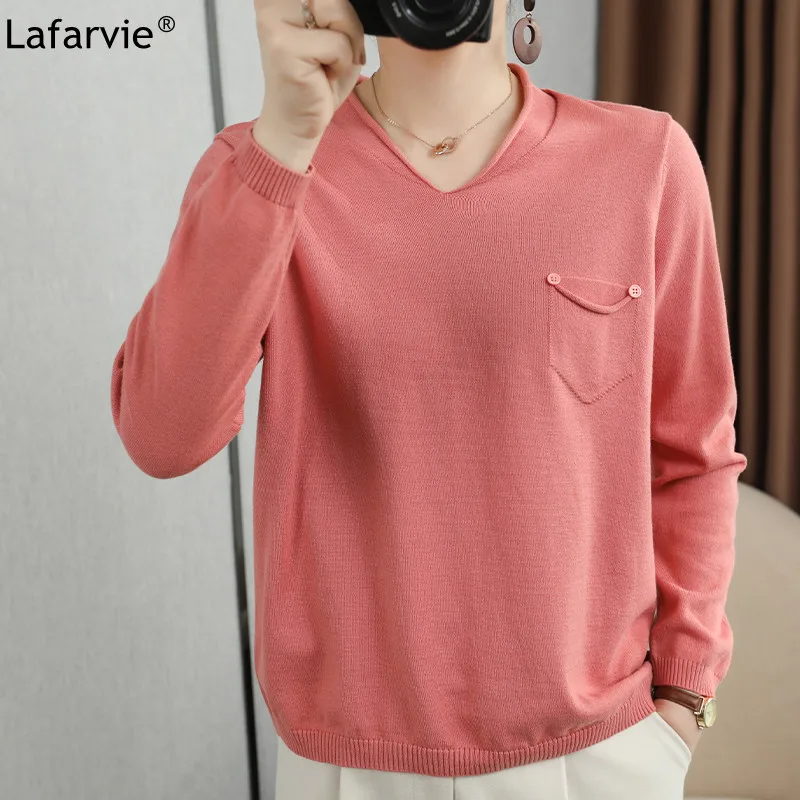

Lafarvie 100% Cotton Women Sweater Pink Top Pull Oversize Femme Ropa De Mujer Jumpers Knitting Long Sleeve V Neck Loose Pullover