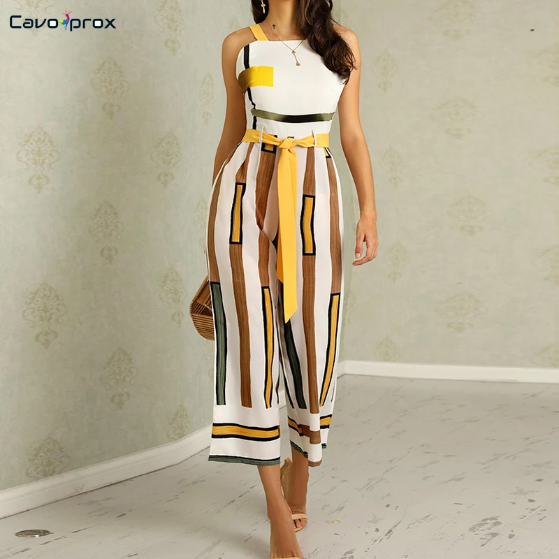 Женский контрастный полосатый комбинезон с открытой спиной и широкими штанинами