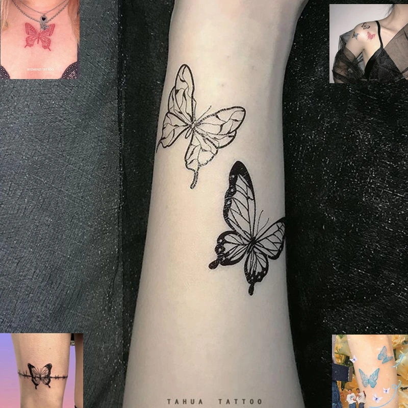 

Black and White Butterfly Tattoo Sticker Waterproof Sexy Tattoos for Women Body Art Fake Tattoo Clavicle Arm Leg Tattoo Stickers
