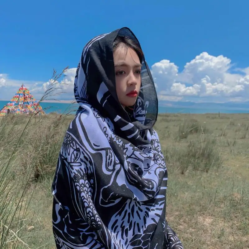 Женский Осенний ретро-шарф шаль синий красный кешью цветок для защиты от солнца