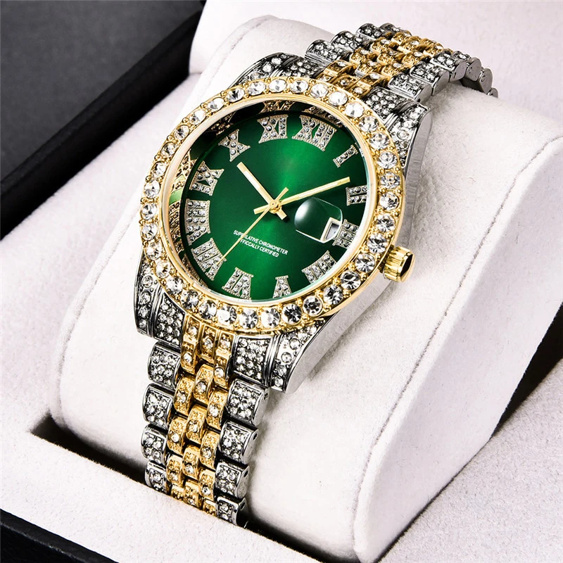 Полностью Bling бриллиант ААА часы мужские роскошные модные кварцевые цвета: