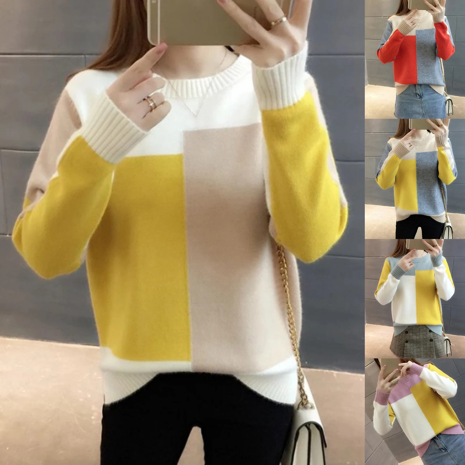 

woman sweaters Autumn Women Color Block Long Sleeve Loose O Neck Warm Sweater Pullover Knitted Sweaters Female Outwear Tops 2020