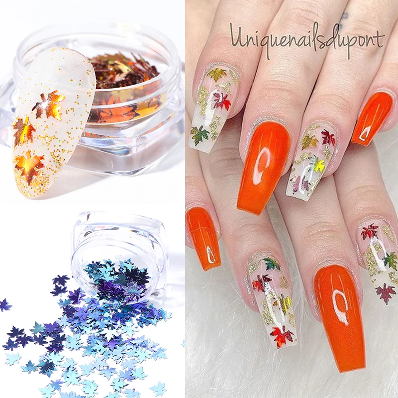 1 коробка градиент сверкающий дизайн ногтей хлопья осень кленовый лист форма