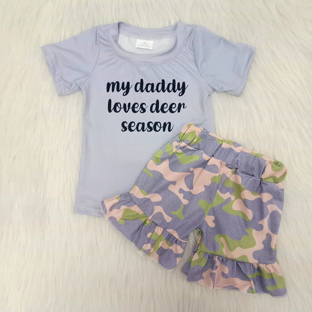 

Summer Baby Girls My Daddy Loves Deer Season Set Boutique Children Clothes Ruffles Kids Clothing