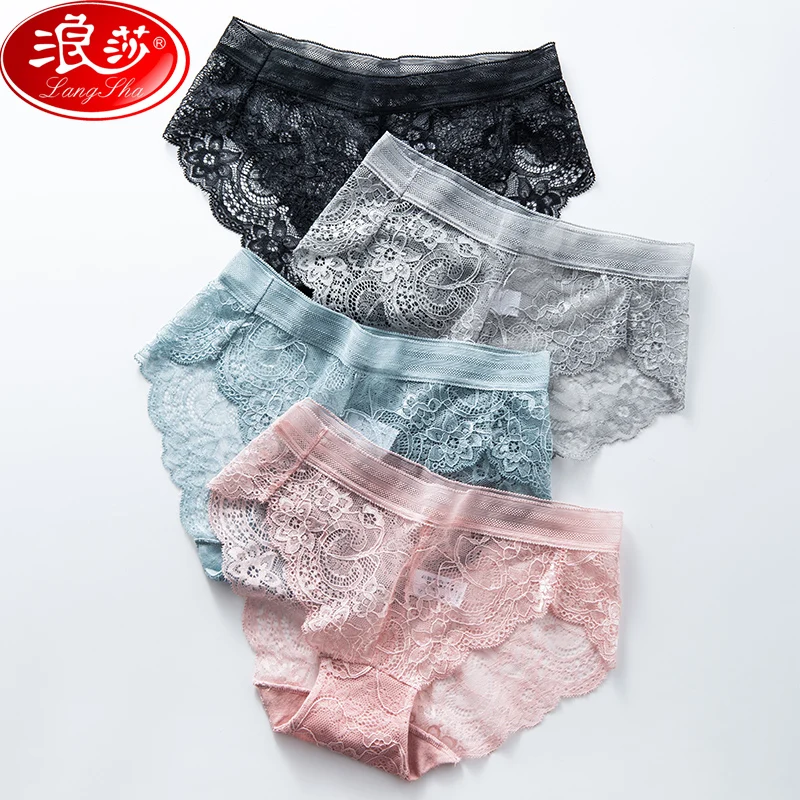 LANGSHA, 4 шт./лот, женские сексуальные кружевные трусики, бесшовное женское нижнее белье, трусы с низкой посадкой, нейлон, хлопок, Прозрачное нижнее белье