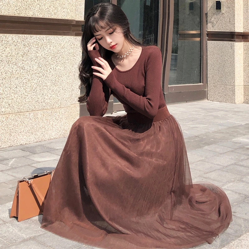 Платье Свитер Женские зимние вязаные свитера Длинные платья корейские женские