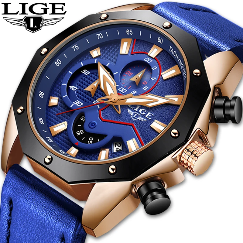 2019 модные синие кожаные часы LIGE мужские Топ бренд Роскошные Кварцевые Золотые