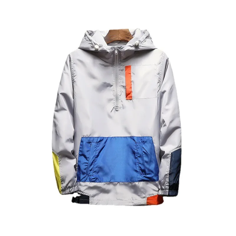 

2021 spring and autumn men's hooded jacket trend color matching loose large size jacket men's casual hooded men's sportswear