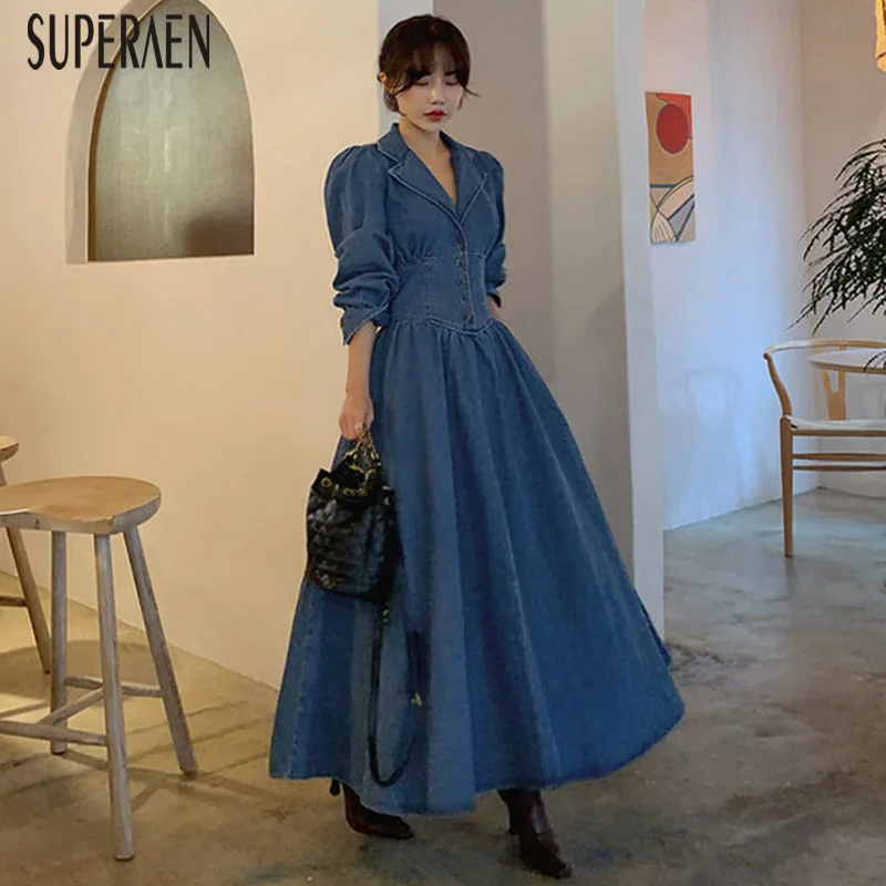 Женское длинное джинсовое платье SuperAen однотонное Повседневное с длинным рукавом