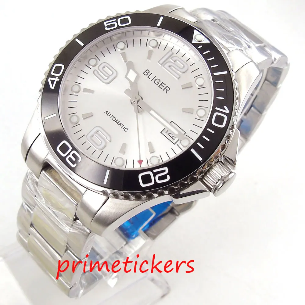 

Self winding movement BLIGER 40mm white dial men's watch mental strap date window rotating bezel wristwatch