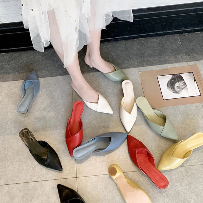 

Women's Elegant Mules Woman Casual Slippers 2021 Ladies Low Heels Fashion Female Pointed Toe Shoes Women Candy Colors Footwear