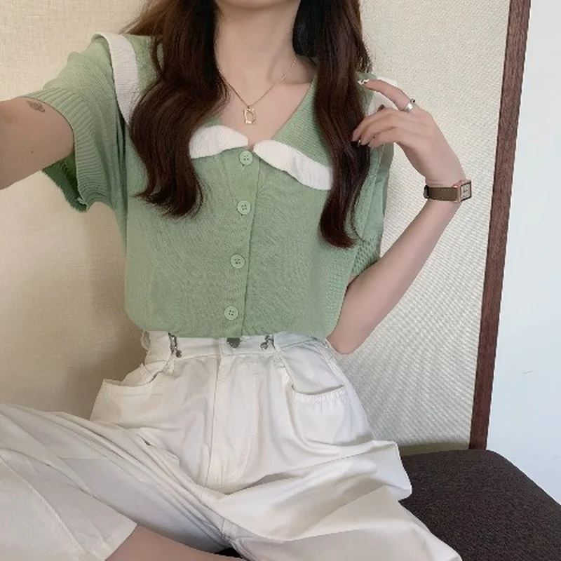 

Thin Knitted Ladies Tops Turn-down Collar Short Sleeve T Shirts for Women Clothing Patchwork Button Tees Single-breasted Summer