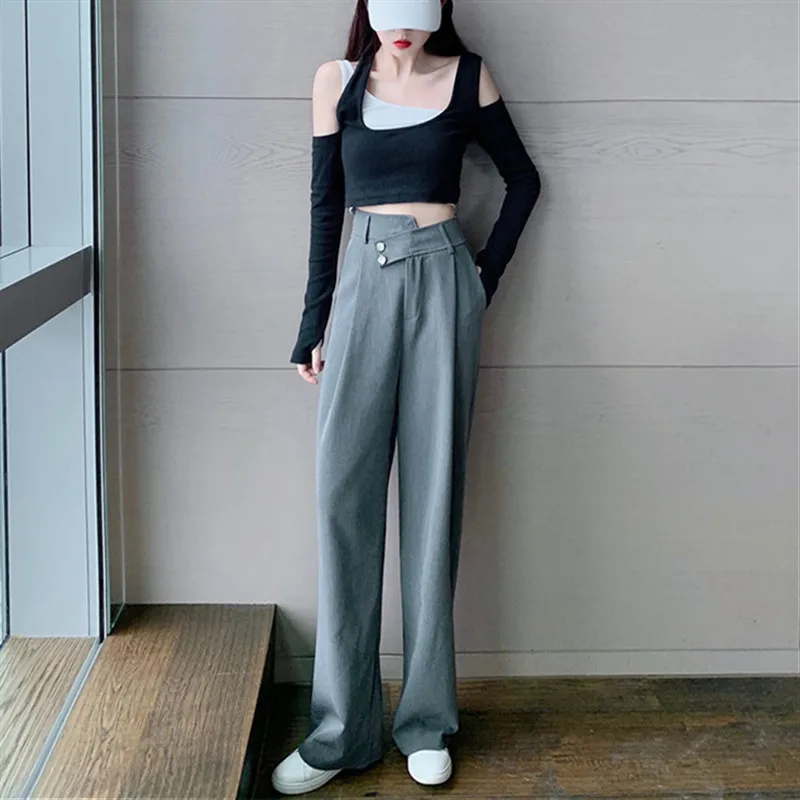 

POUNGDUDU 2021 Spring Plus Size Pants For Women Wide Leg Trousers Oversize Female High Waisted Loose Streetwear Irregular Casual