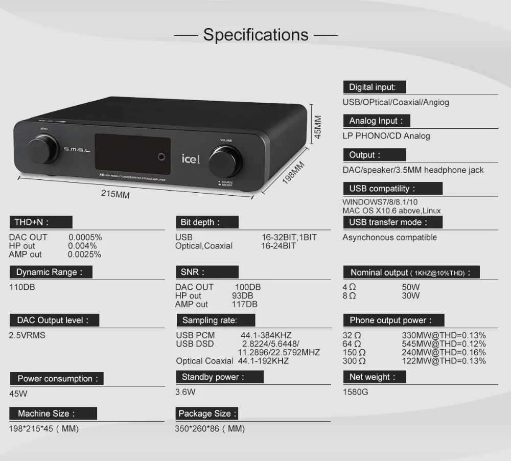 SMSL A6 HIFI Многофункциональный DSD Цифровой усилитель с ЦАП для наушников ICEPOWER 50As * 2 SE