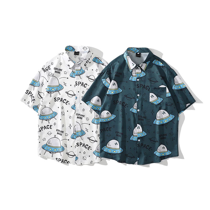 2021 Hip Hop Shirt Streetwear Men Cartoon Space Print Hawaiian Shirt Harajuku Beach Shirt Short Sleeve Summer Aloha Shirt Thin