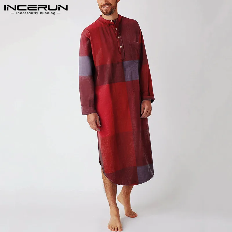 Ночная рубашка INCERUN мужская с длинным рукавом Хлопковая пижама круглым вырезом и