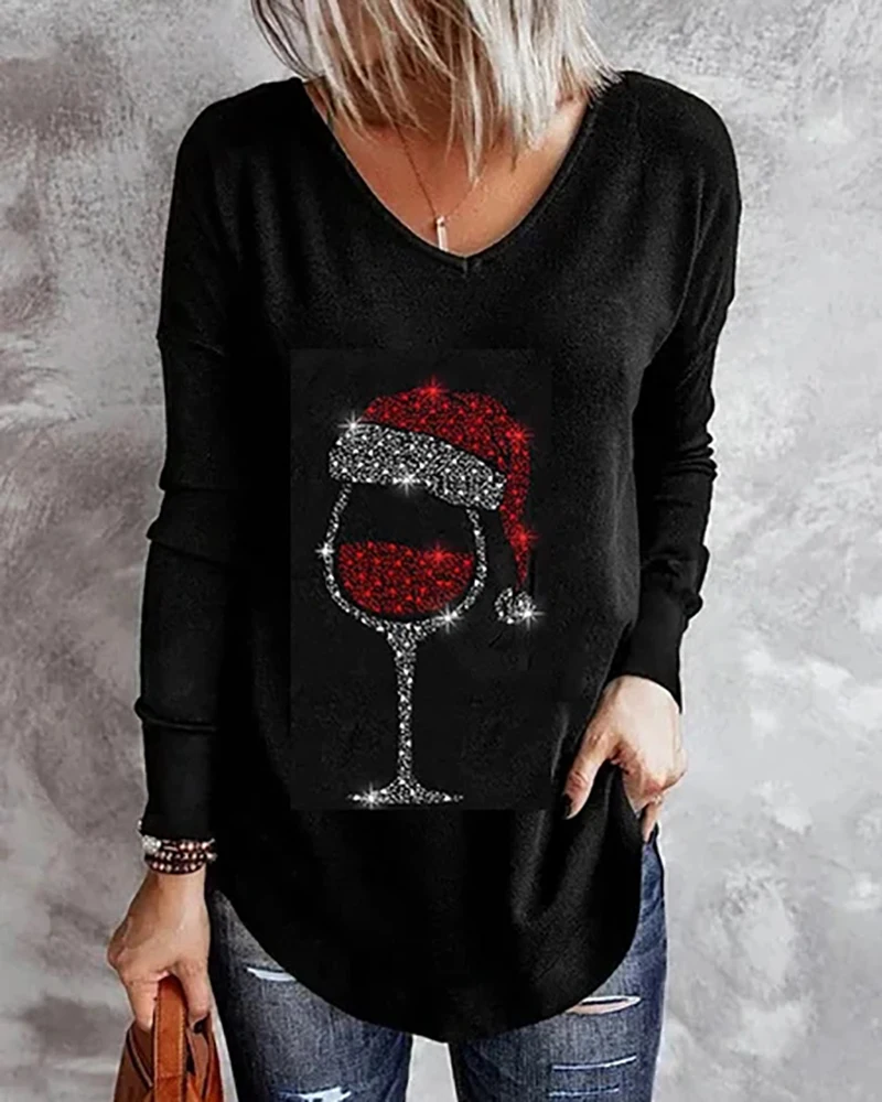 

S-5XL Plus Size Tops Christmas Hat Wine Glasses Print Black Long Sleeve T-Shirts Women Festival V Neck Casual Blouse Daily Wear