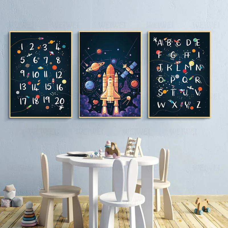 

Space Wall Art Kids Alphabet Print Quotes Posters Canvas Painting Boys Nursery Room Decoration Pictures Wall Decor Unframed