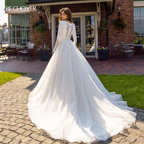Wedding Dress Elegant Beaded Appliques A-Line Fashion O-Neck Long Sleeve Bride Gown 2023 BECHOYER SN23 Princess Vestido De Noiva
