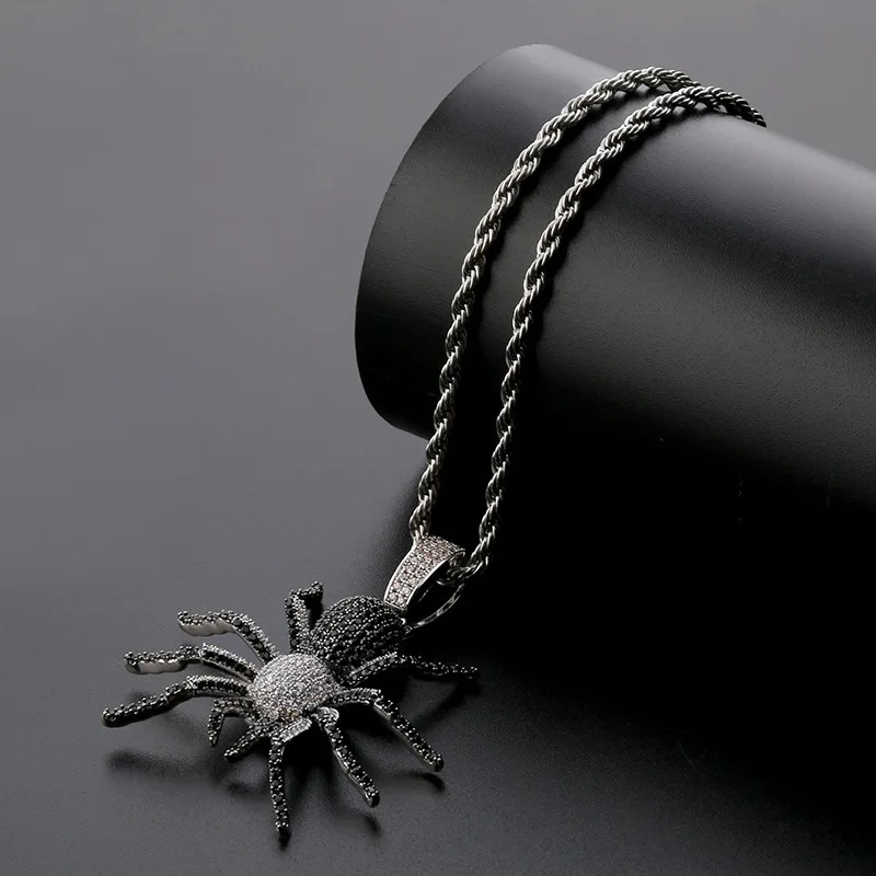 DNSCHIC Iced Out CZ Hip Hop Pendant Spider Necklace for Mens Animal Pendant Chain Gold Silver Black with Twisted Singapore Chain