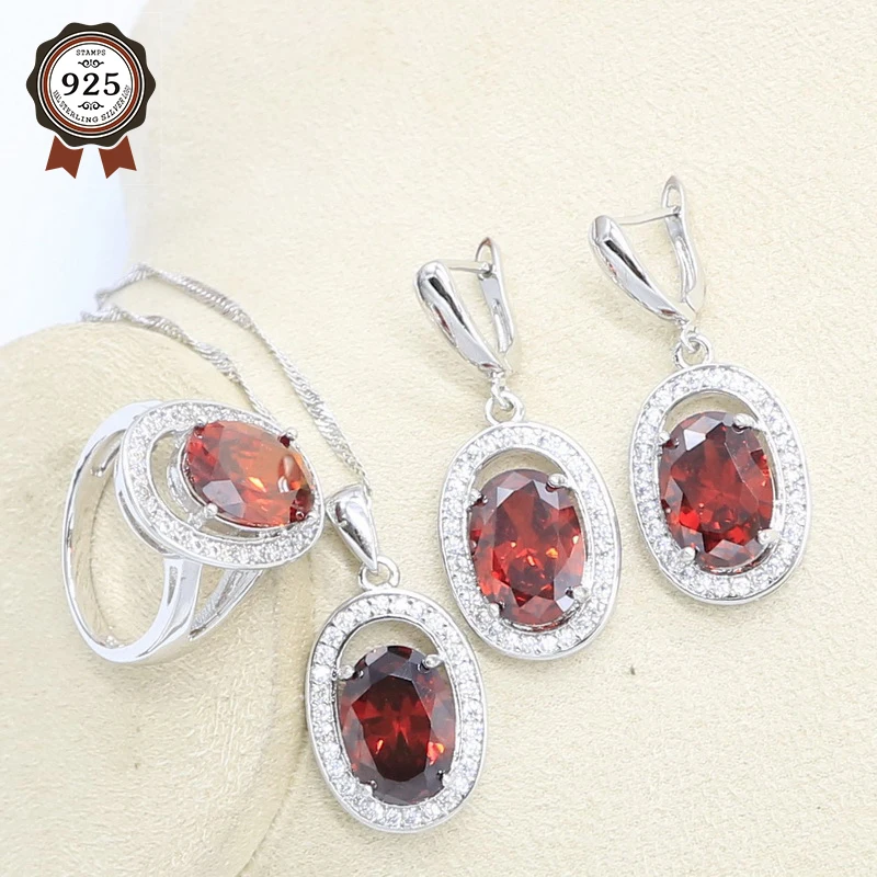 Набор украшений для женщин из красного циркония серебряного цвета ожерелье