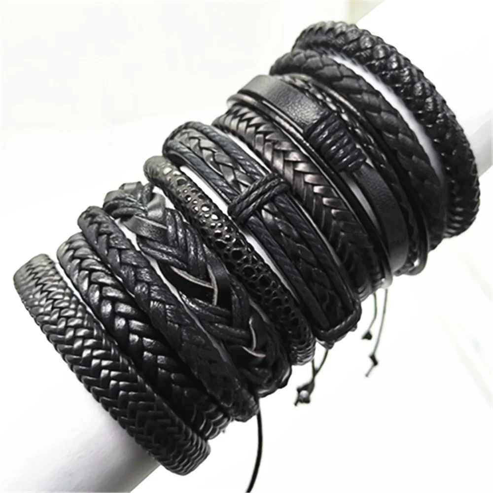 

10pcs/set Black Wrap Woven New Fashion Handmade Men Bracelets Male Women Leather Bracelet Men Bangle Wholesale Jewelry Gift