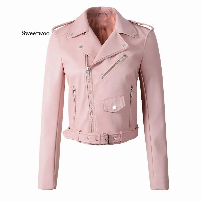 Zipper PU Leather Jacket Short Motorcycle Jackets With Belt Classic Basic Spring Women Faux Leather Outwear