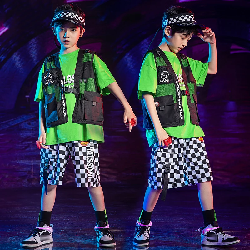 

Hip Hop Dance Costume Boys Kids Summer Short Sleeved Green T-Shirt Hip Hop Shorts Street Dance Girls Modern Dance Clothes BL6134