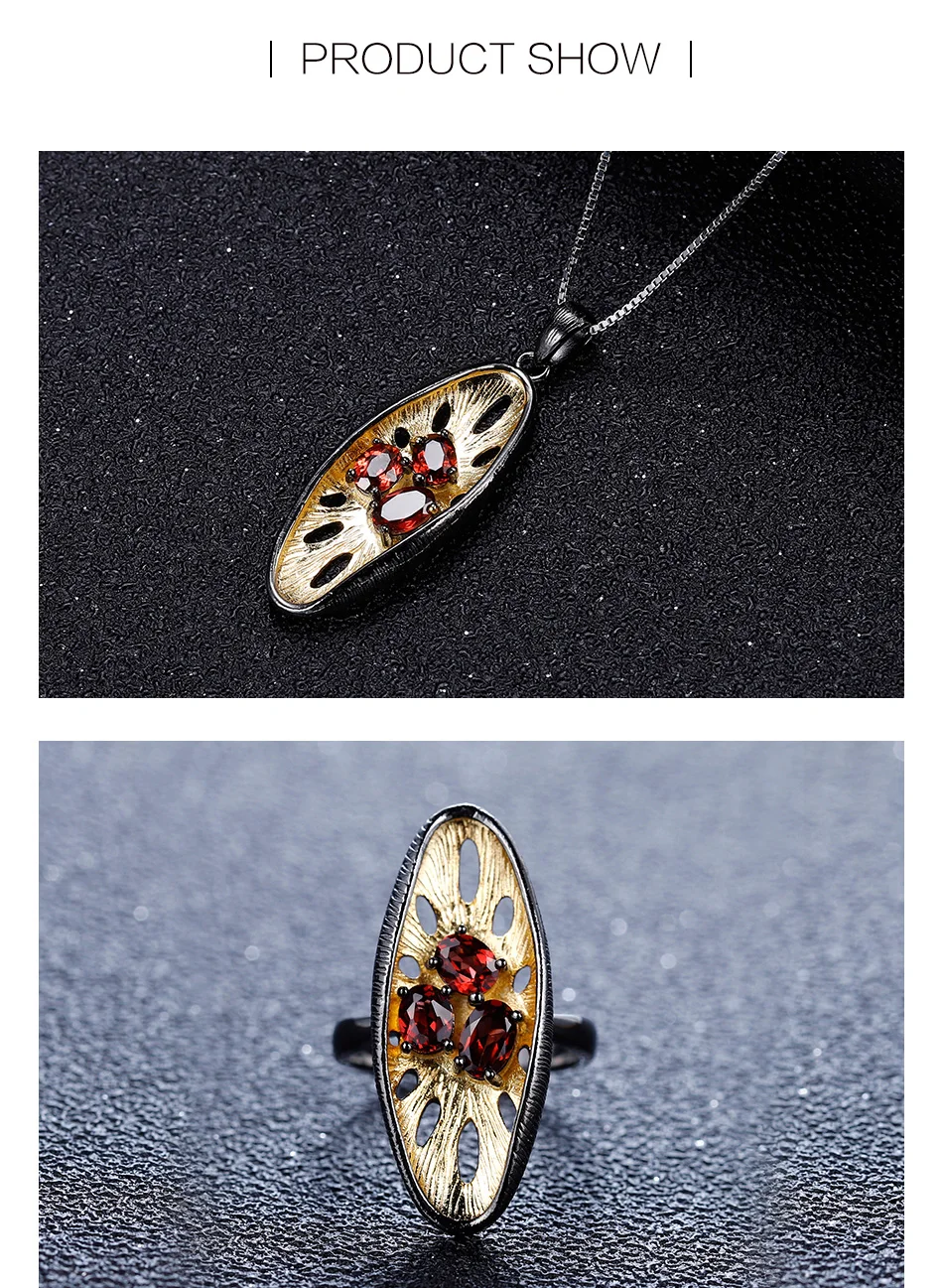 GEM'S BALLET 925 Sterling Silver Handmade Lemon Jewelry Set Natural Red Garnet Gemstones Ring Earrings Pendant Sets For Women