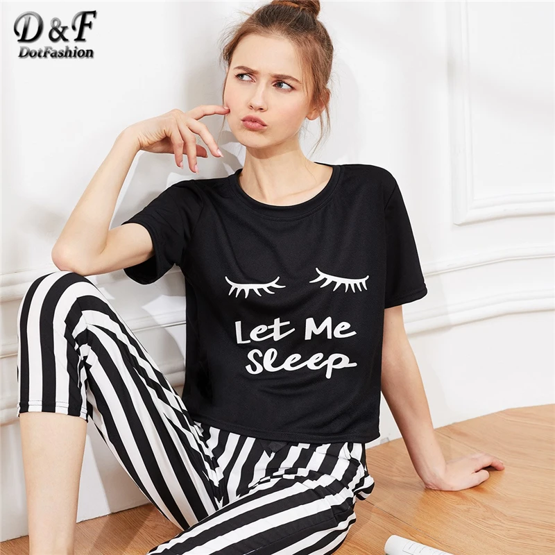 Dotfashion пижамный комплект в полоску с буквенным принтом и ресницами, лето, черно-белые пижамы для женщин, повседневная одежда для сна с коротким рукавом