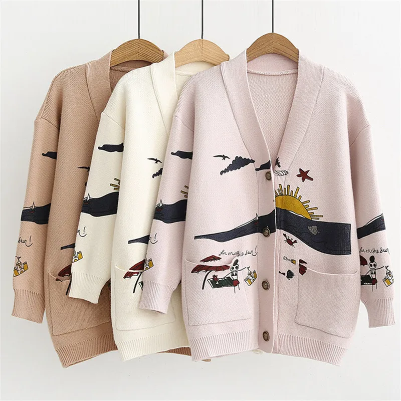 

2020 New Fashion Spring Autumn Cardigan Sweater Women's Coats Cute Loose Printing Long-Sleeve Knitted Jackets Girls Outwear m773