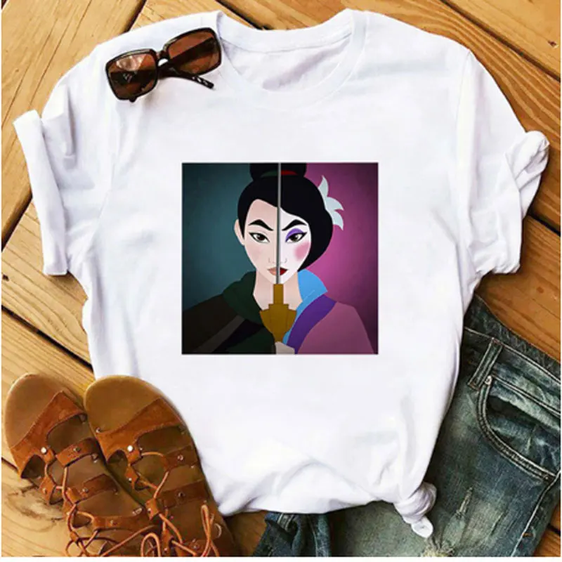 

Ladies Clothes Girls Summer Top Ulzzang Punk Streetwear Kpop Female T-shirt AOWOF Ladies Princess Mulan Harajuku T-shirt